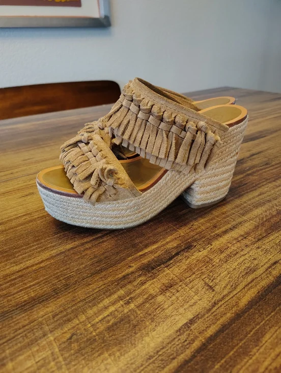 Tory Burch Fria Knotted-Fringe Espadrille Slide Suede Platform Sandals Size 6 - Picture 1 of 6